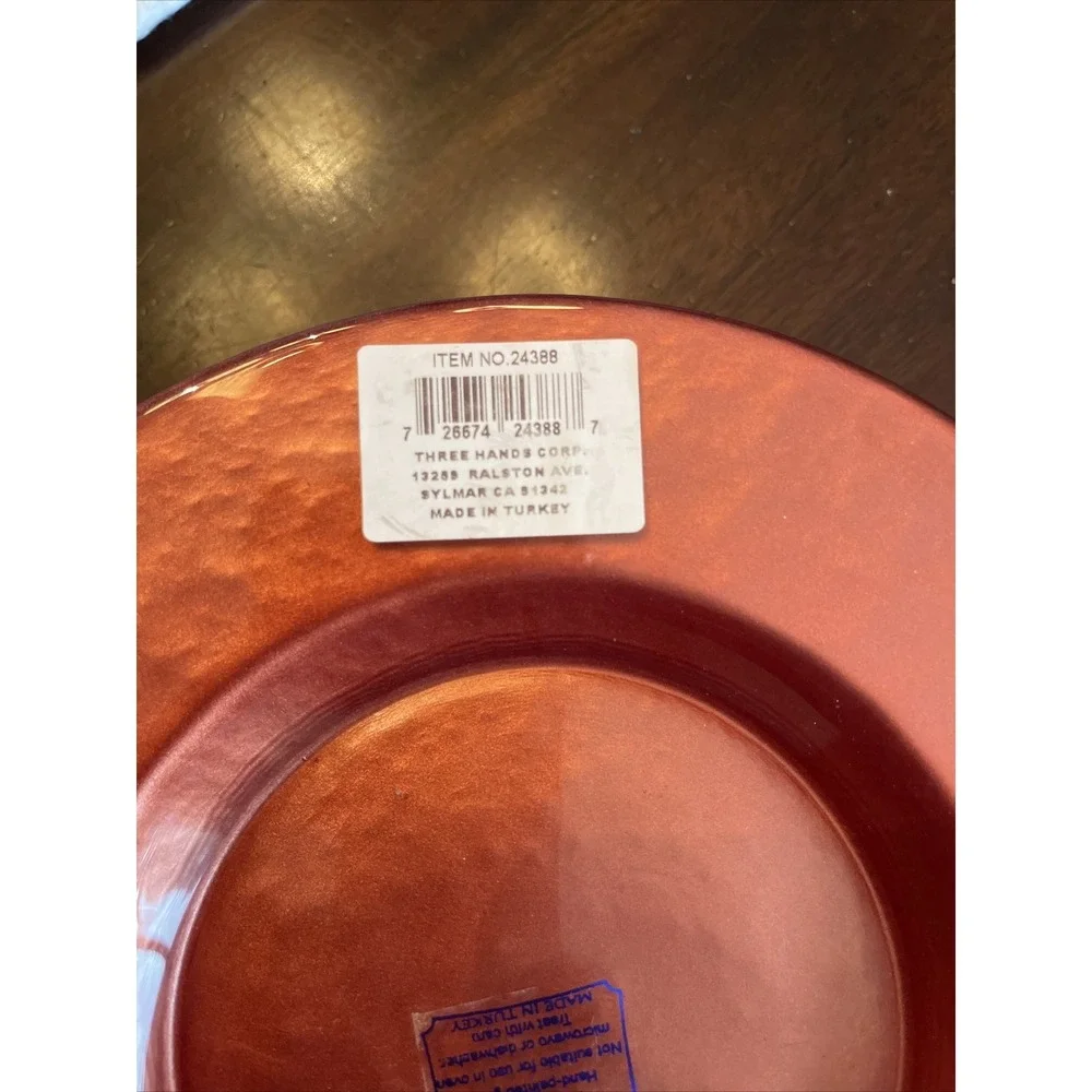 Three Hands Reverse Painted‎ Art Glass Plates Turkey Copper Set 4 Side Salad
